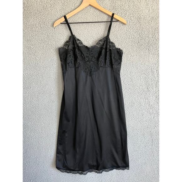 Vintage Satin Full Slip Knee Dress Small 36 Sheer Lace Black Lingerie Goth Sexy - Picture 13 of 16